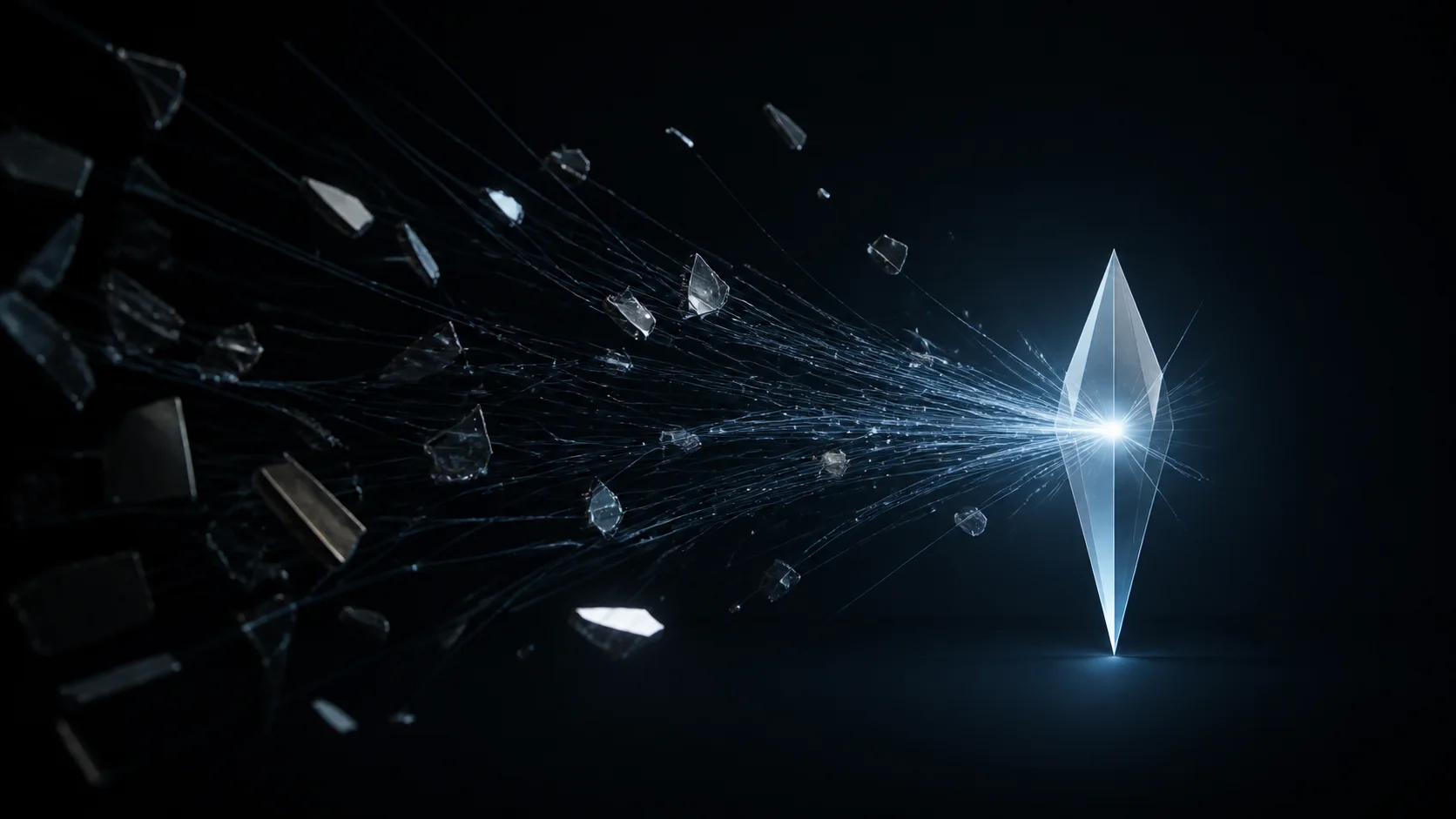 Fragments and fine threads converging into one luminous point of clarity.